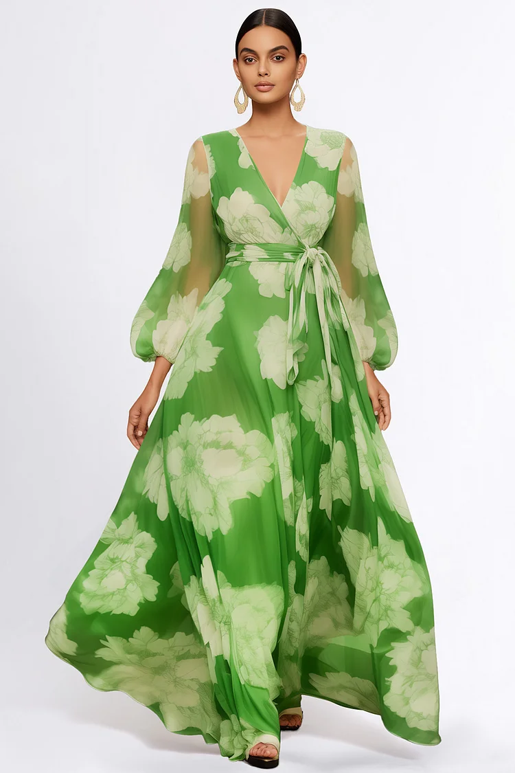 Zaruci Everyday Green Chiffon Floral Print Wrap Puff Sleeve Maxi Dress [Pre-Order]