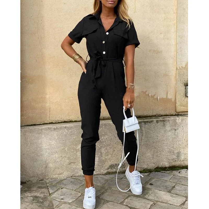 Overalls For Women's Jumpsuit Female 2021Summer Casual Short Sleeve Rompers Striped Button Fashion Sashes Slim Jumpsuits Women