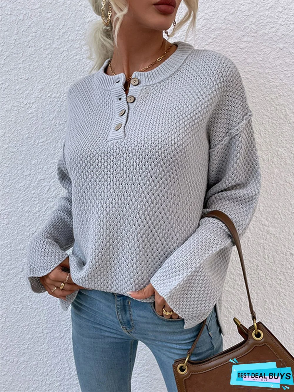 Casual Solid Color Sweater with Round Neck and Buttons