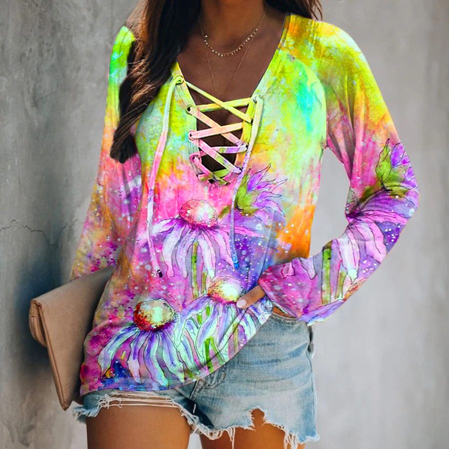 Color Floral Print Lace-up Long-sleeved T-shirt
