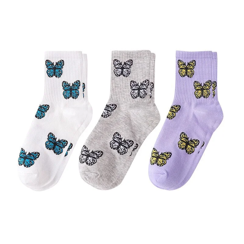 3Pair Fashion Butterfly Cotton Women Street Socks Harajuku Skateboard Tube Socks Korea Hip Hop Autumn Thick Indoor Floor Sock