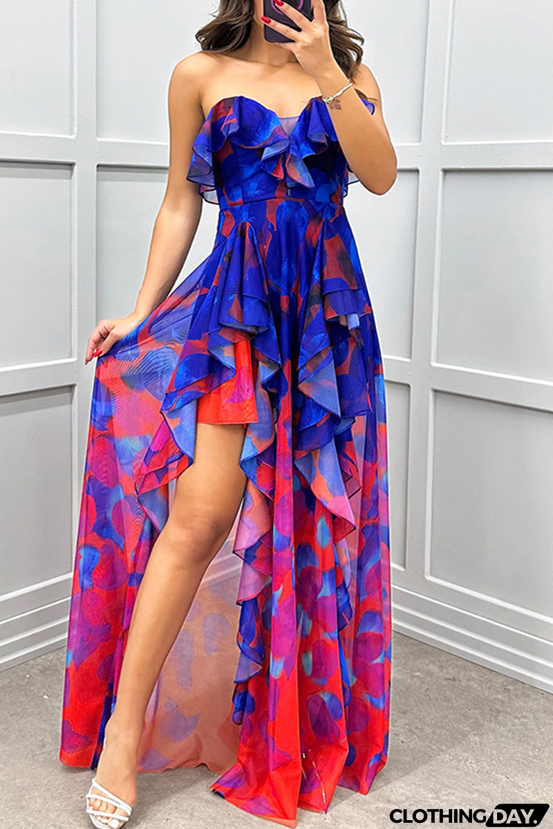 Sexy Gradient Print Ruffle Slit Strapless Irregular Dresses(3 Colors)