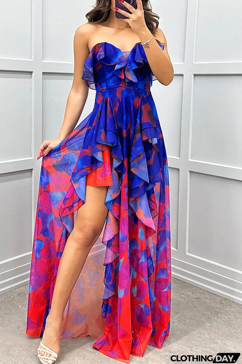 Sexy Gradient Print Ruffle Slit Strapless Irregular Dresses(3 Colors)