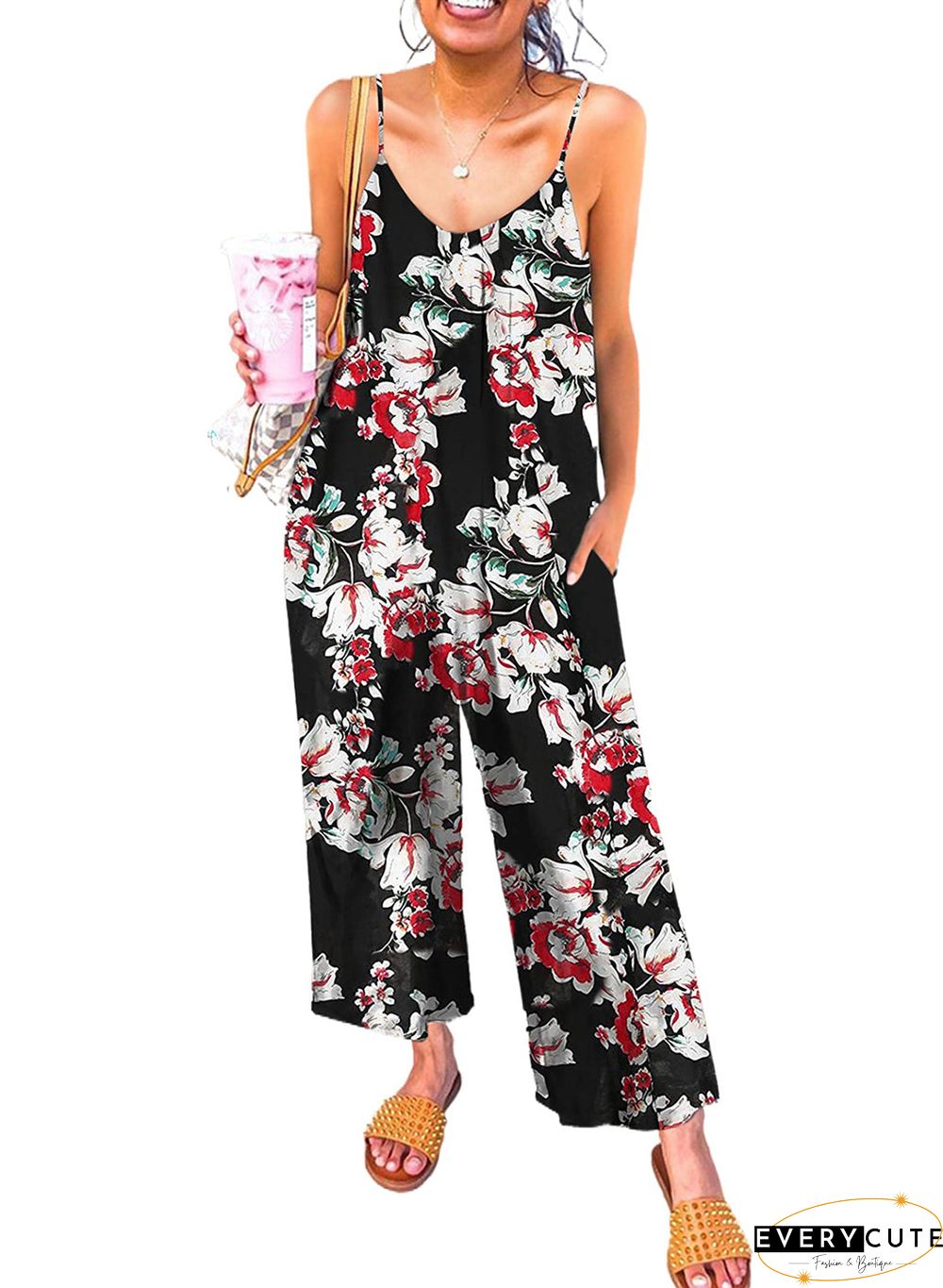 Print Spaghetti Strap Wide Leg Jumpsuit