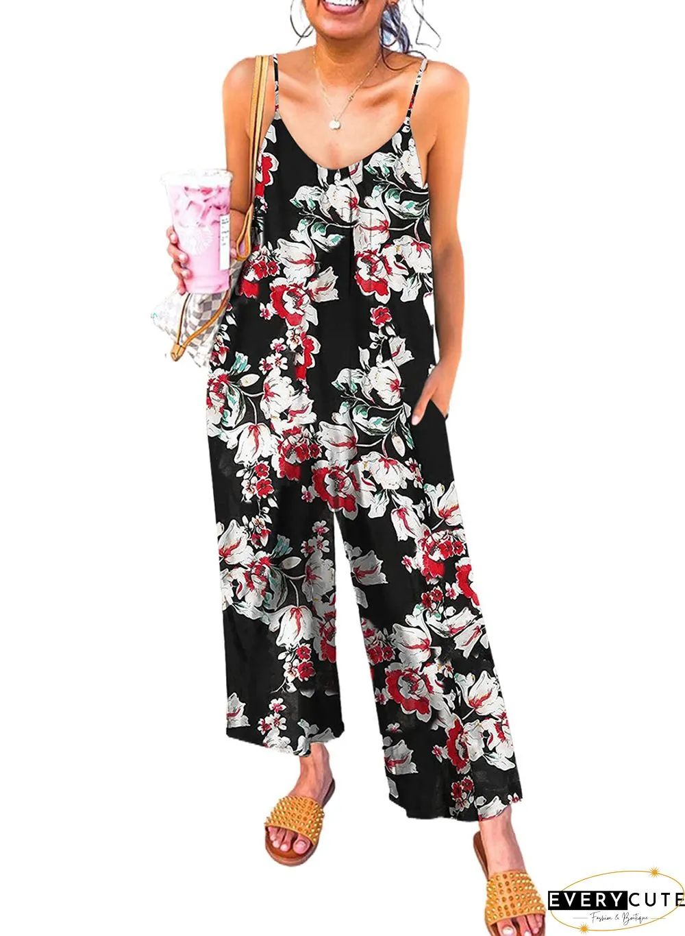 Print Spaghetti Strap Wide Leg Jumpsuit