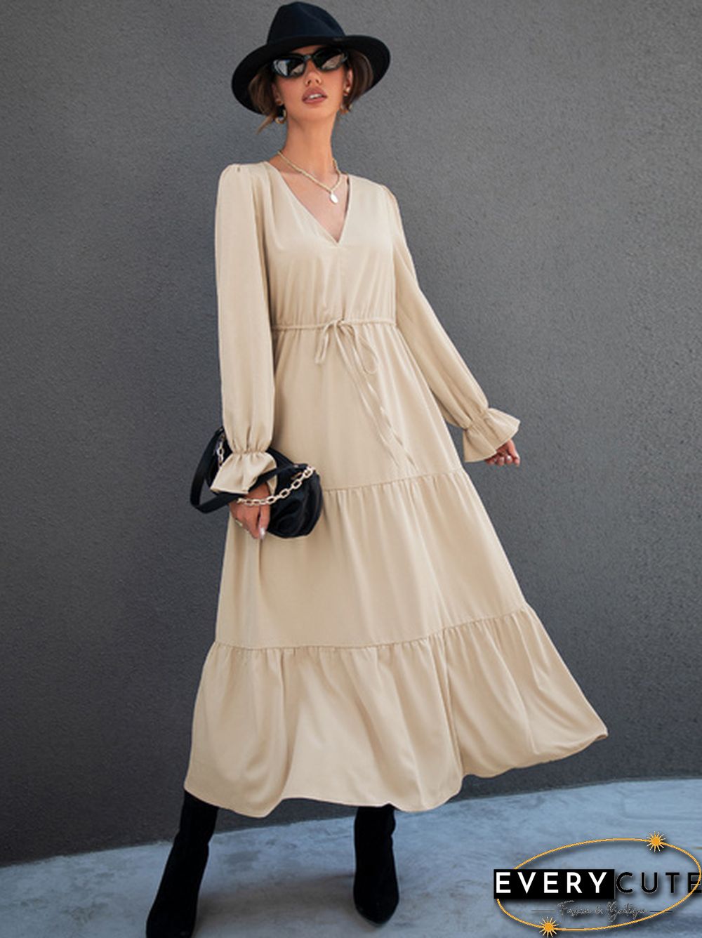 V Neck Drawstring Waist Flounce Sleeve Dress