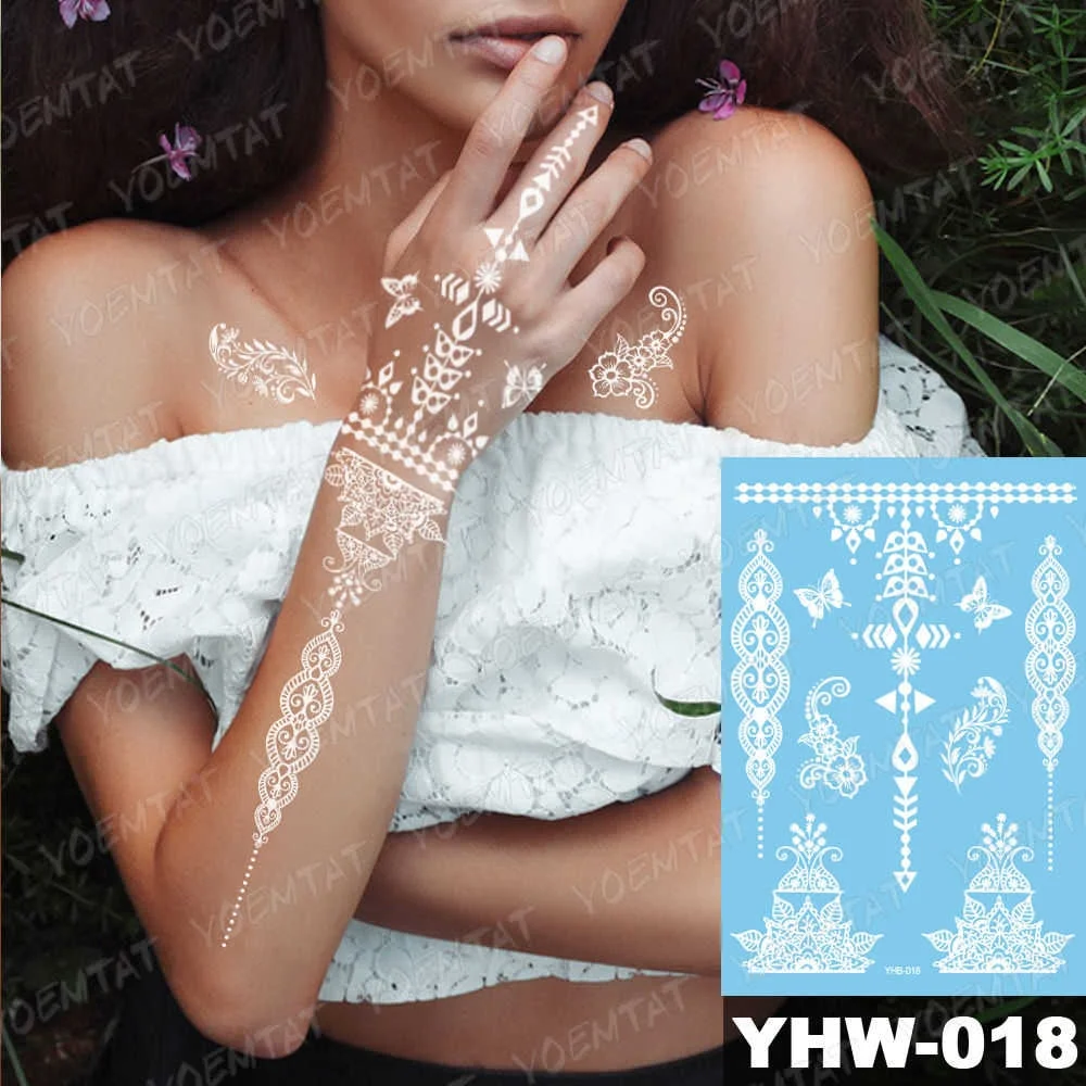 White Henna Tattoo Sexy Lace Stocking Arabic Indian Rose Butterfly Bow Flash Wedding Art Paint Body Art On Hand Arm Tattoo