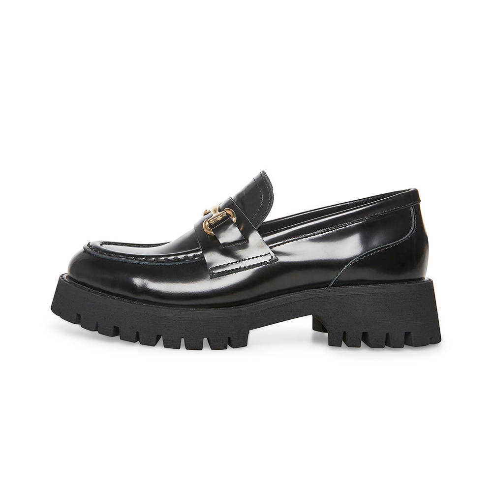 Black Round Toe  Loafers With Chain Decor Lug Sole Loafers Nicepairs