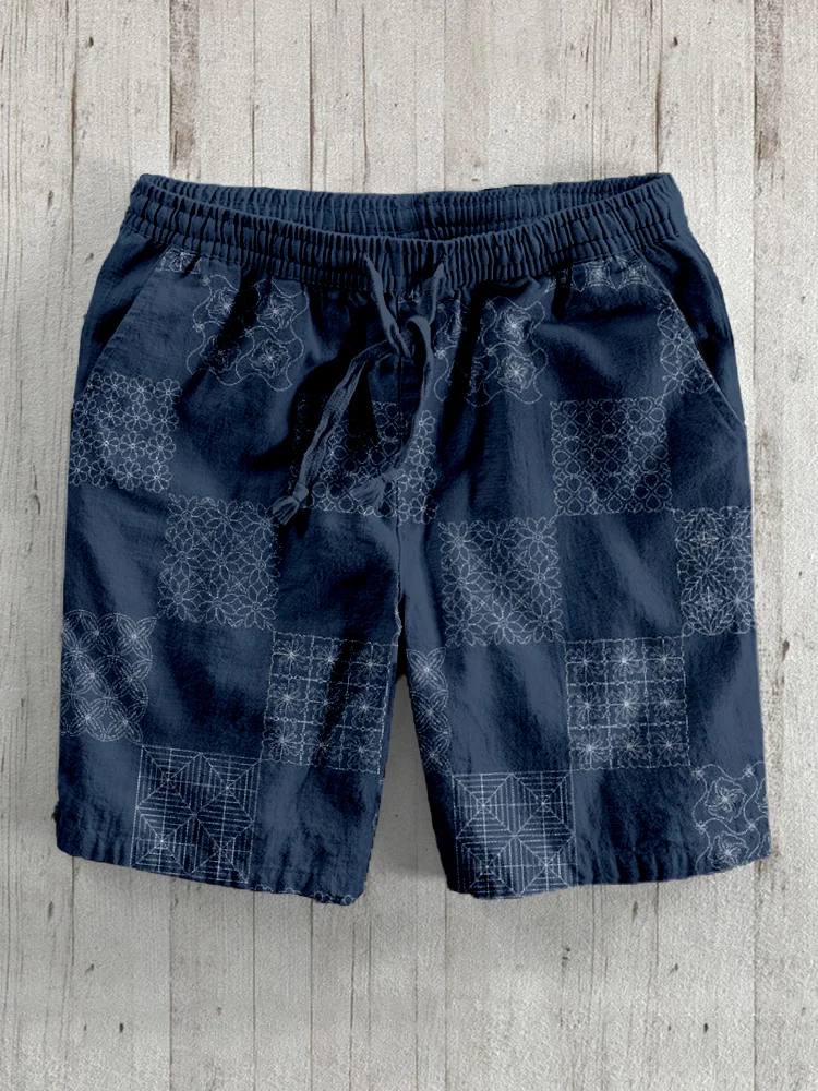 Comstylish Japanese Sashiko Checkered Pattern Linen Blend Shorts