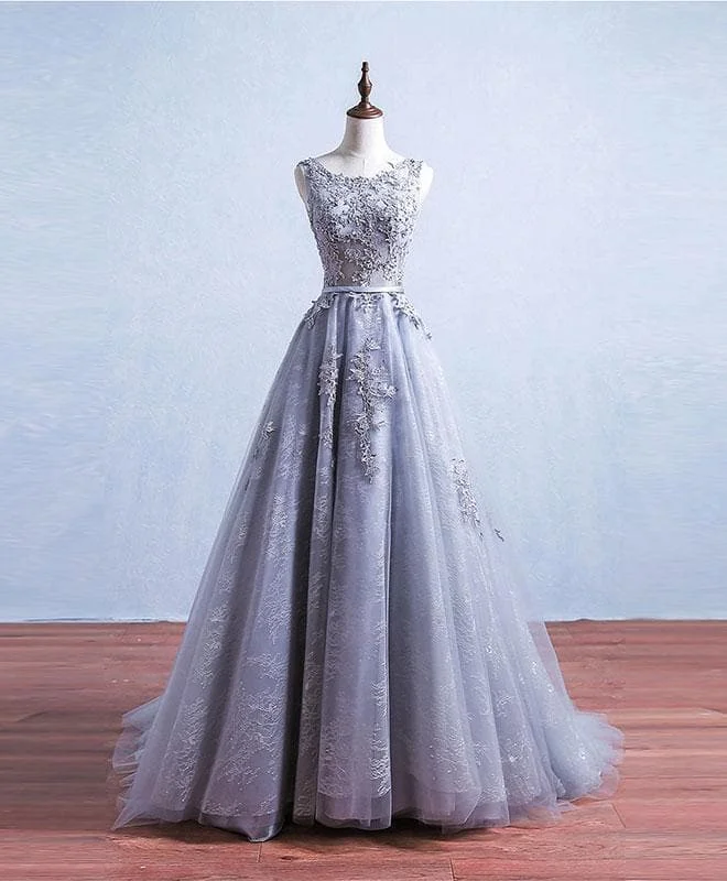 Gray Prom Dress,A-Line Lace Long Evening Dress, Formal Gown