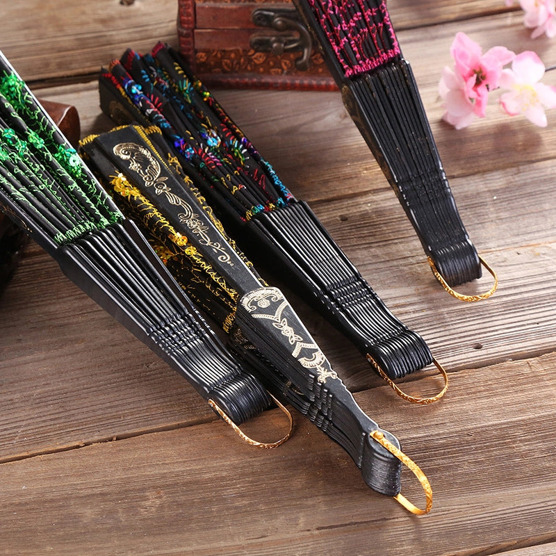 Black Rod Sequin Fan Embroidery Fan Dancing Folding Fan Peacock Fan Gift Folding Fan Fan Wing Chun Fan