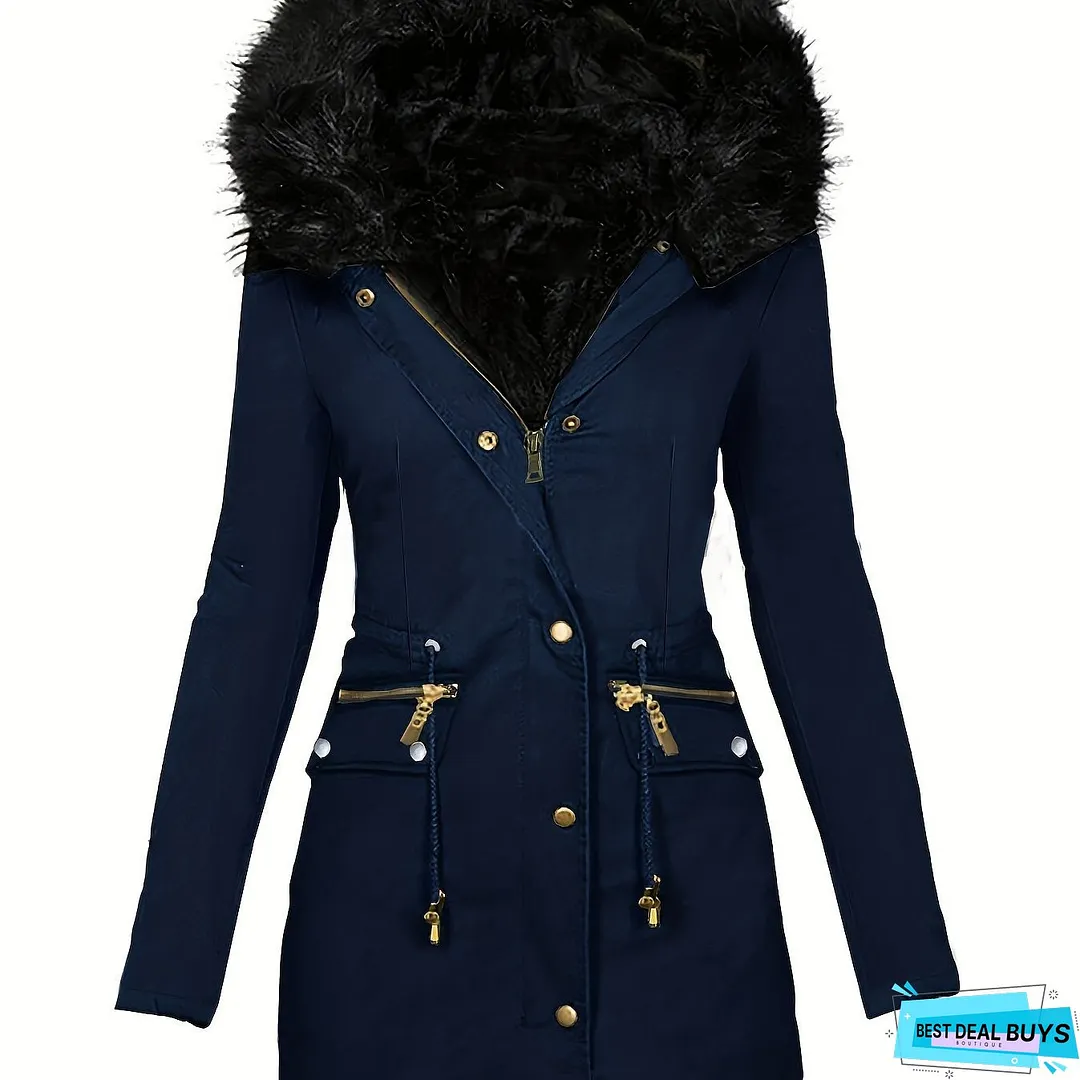 Faux Fur Hood Drawstring Parka Coat, Zip Up Button Front Pocket Thermal Overcoat, Women's Clothing