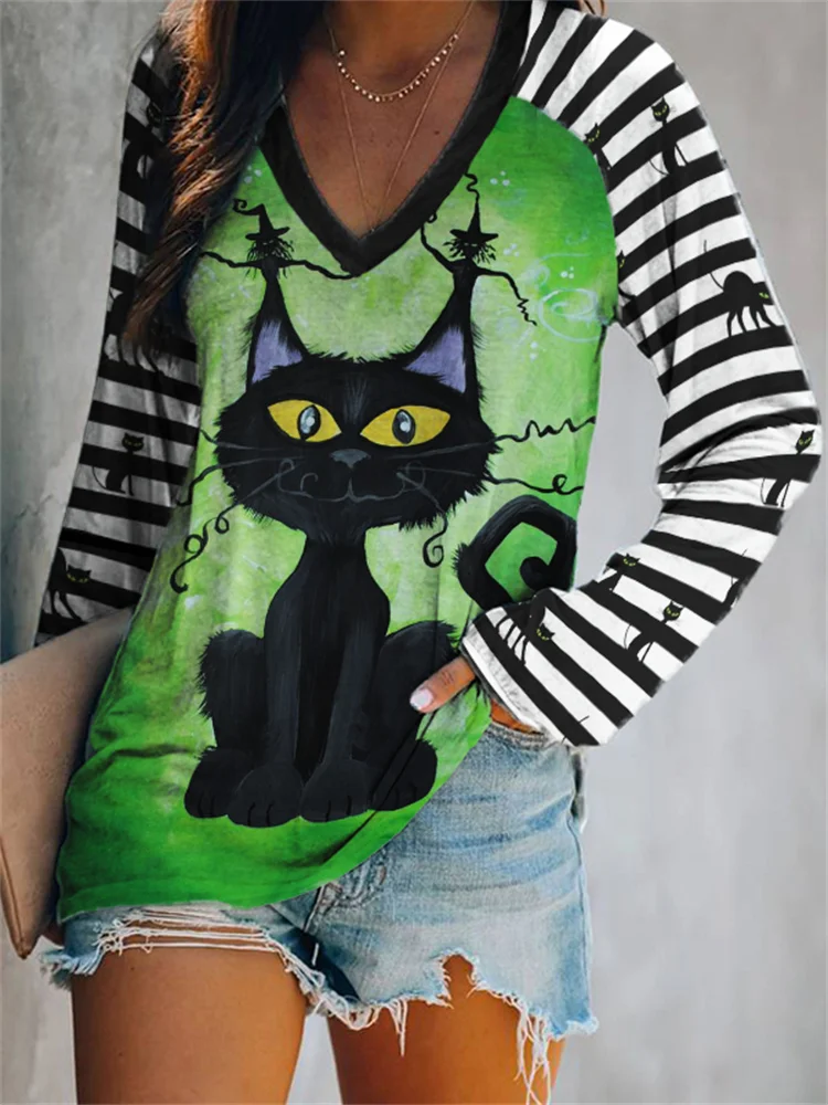 Wearshes Halloween Black Cat Striped Patchwork T Shirt