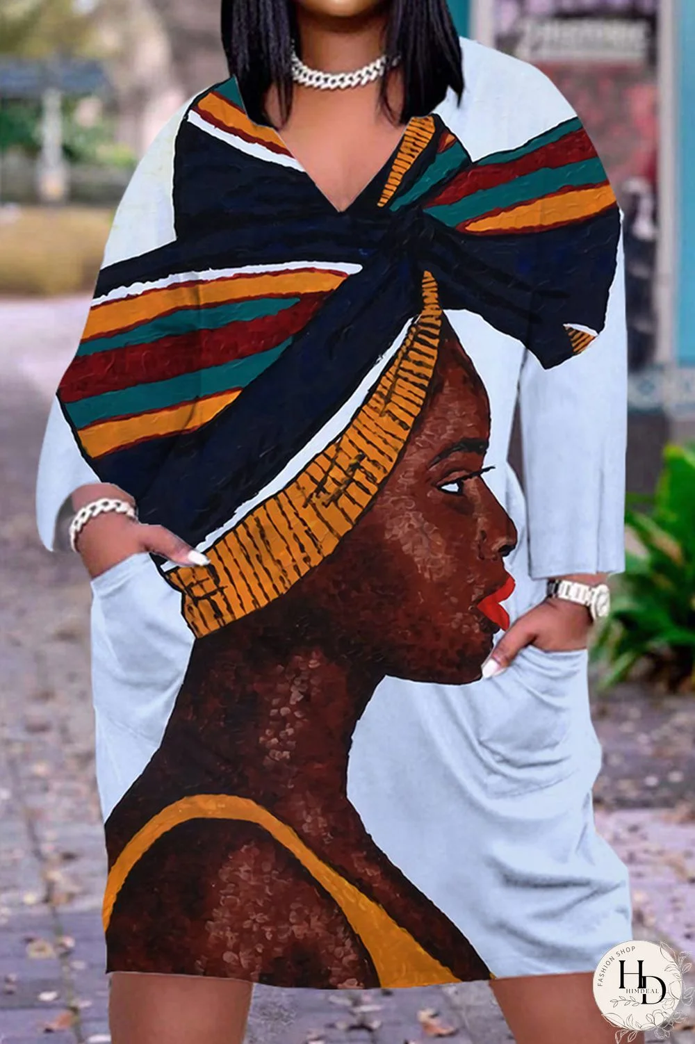 Black Orange Fashion Casual Print Patchwork V Neck Long Sleeve Dresses