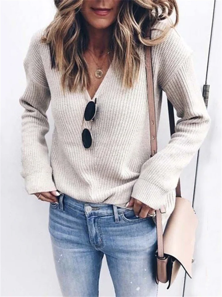 Fashion V-neck Solid Color Knitted Sweater-Cosfine