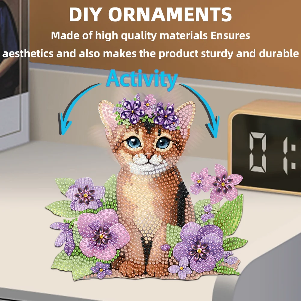 2D Flat Cat DIY Shaking Head Cat Purple Flower Diamond Painting Desktop Decor
