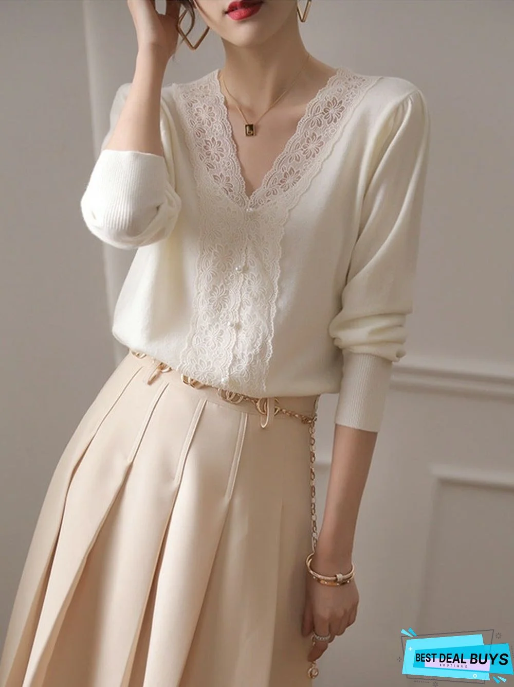 V-Neck Lace Stitching Long Sleeve Sweater