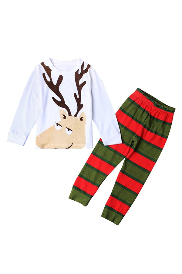 Reindeer Print Top Stripe Leggings Kids Girls Christmas Pajama White-elleschic