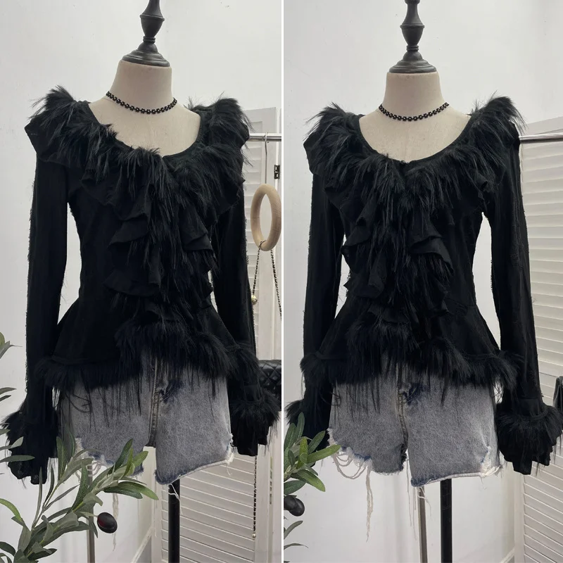 Uveng Real Shooting Waste Soil Wind Irregular Wood Ear Trumin Knitting To Make Old Hole Splicing Hairy Blouse Hottie Cardigan 2987