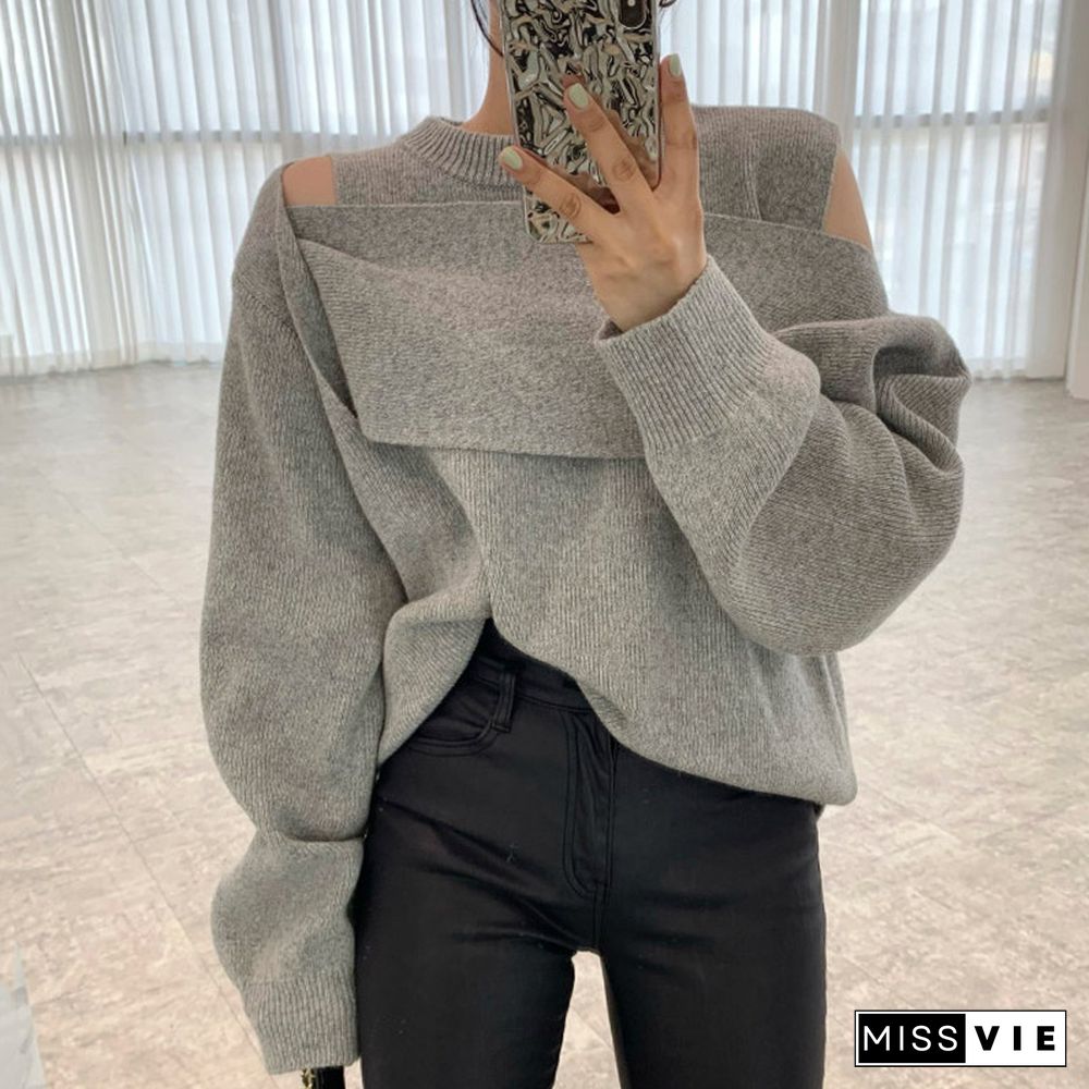Chic Design Cold Shoulder Pure Color Sweater