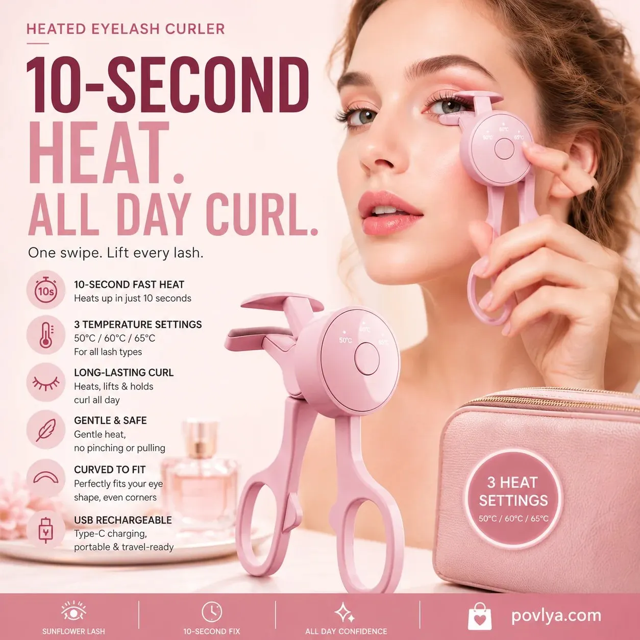 Pink heated eyelash curler 10 second heat 3 temperature settings USB rechargeable beauty tool