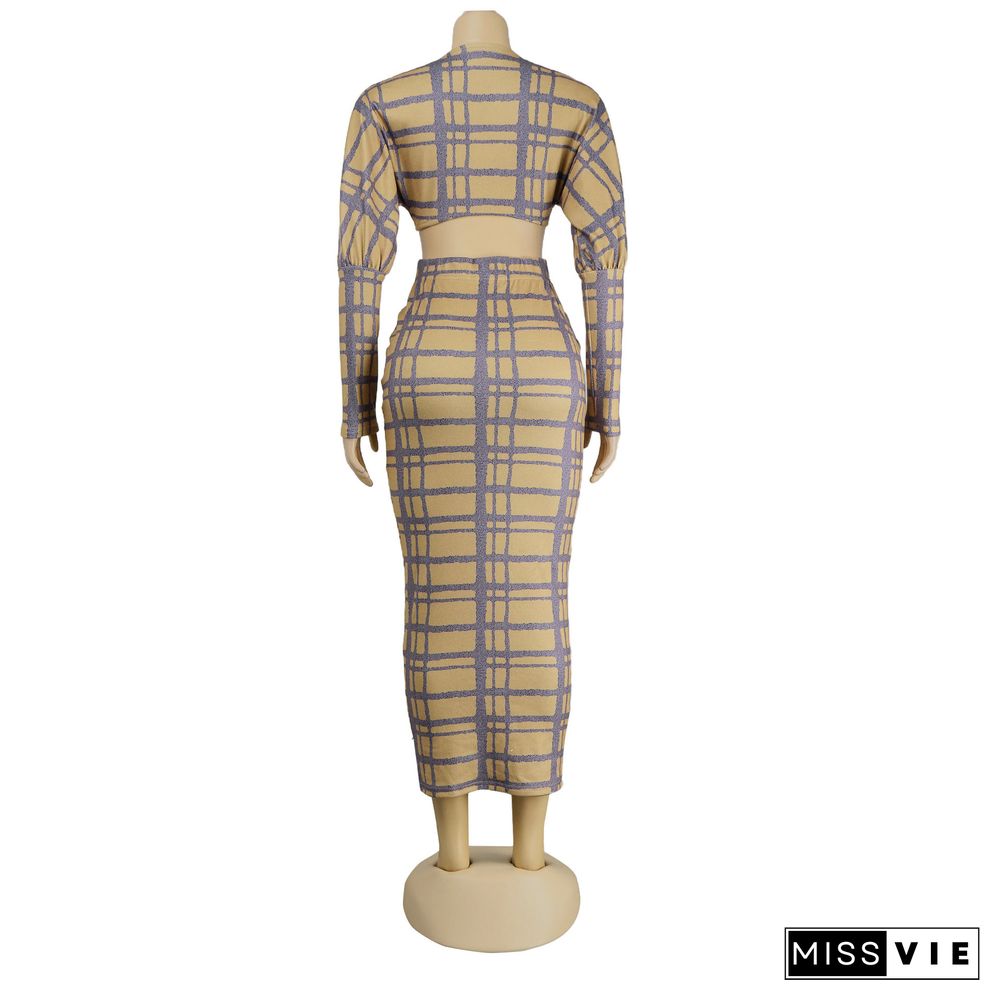 Plaid Long Sleeve Crop Top Bodycon Maxi Skirt Set