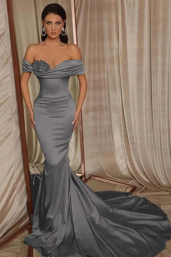 Plus Satin Off Shoulder Mermaid Evening Dress with Pearl Accents