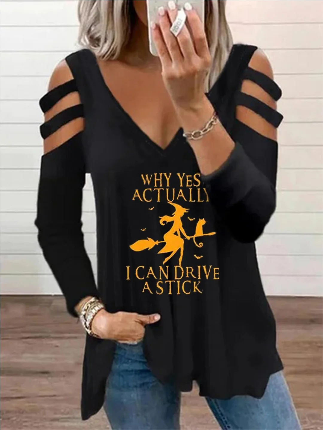 Sexy Letter V Neck Long Sleeve Top