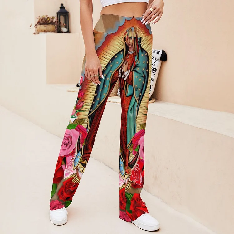 Virgin Mary Our Lady Of Guadalupe Women Yoga Pants Elastic Waist Printed Straight Long Trousers Pants - Heather Prints Shirts