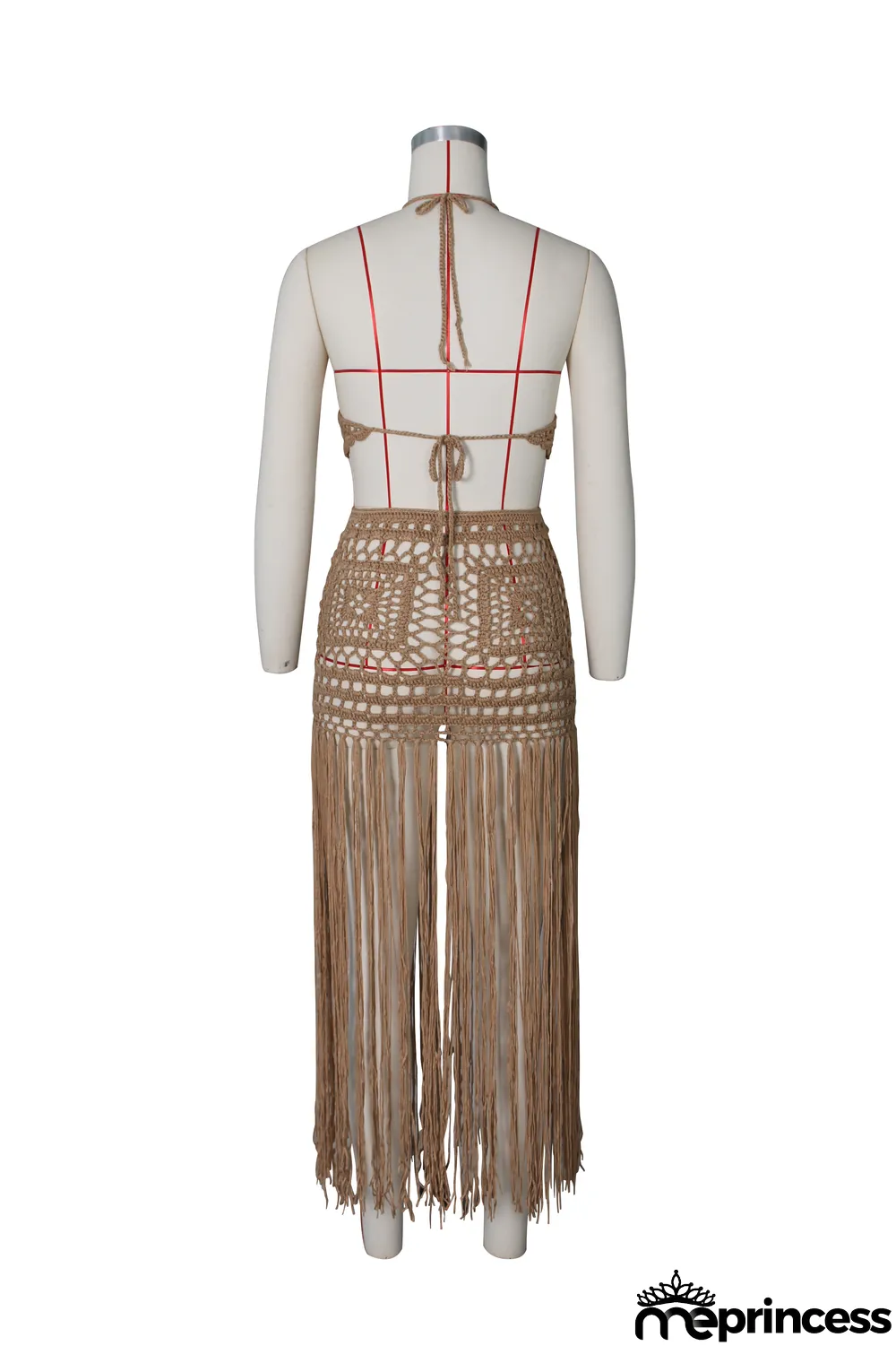 Summer Khaki Crochet Halter Crop Top and Fringe Skirt 2pc Cover-Up