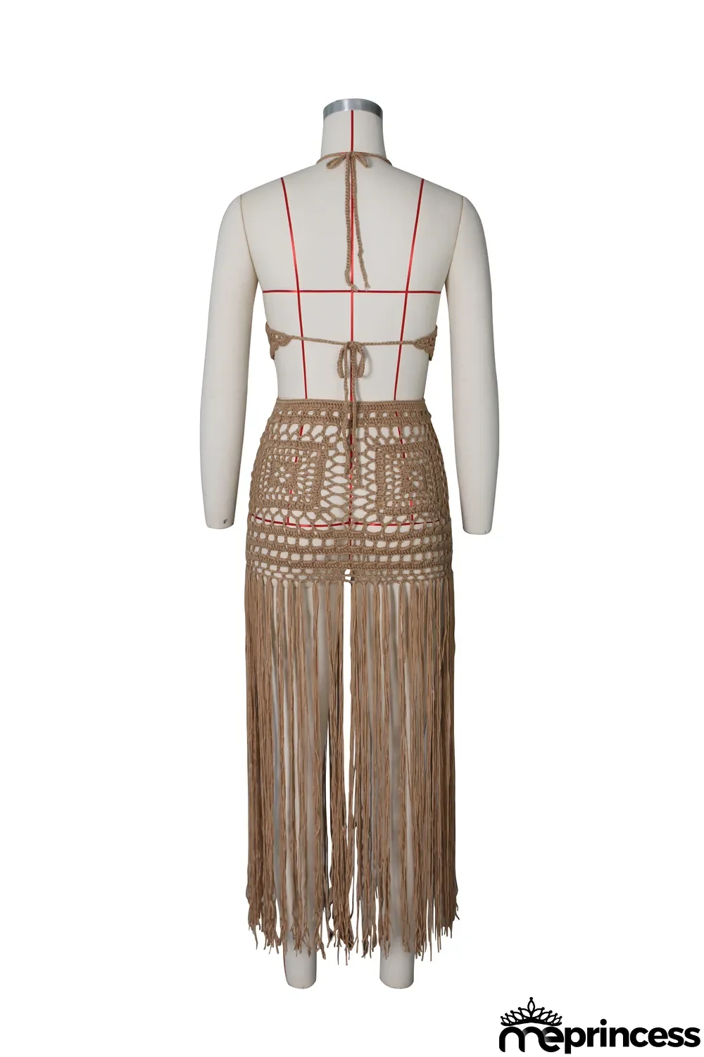 Summer Khaki Crochet Halter Crop Top and Fringe Skirt 2pc Cover-Up