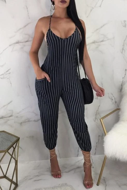 Sexy Strap Striped Print Black Jumpsuit