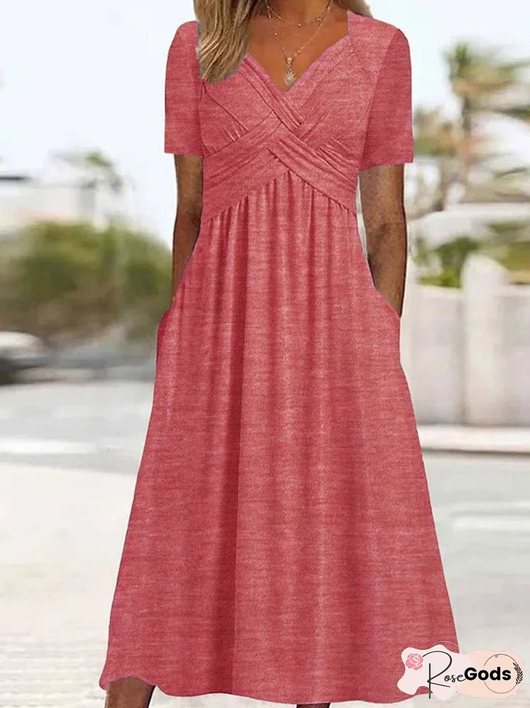 Women's Half Sleeve V-neck Solid Color Pockets Midi Dress