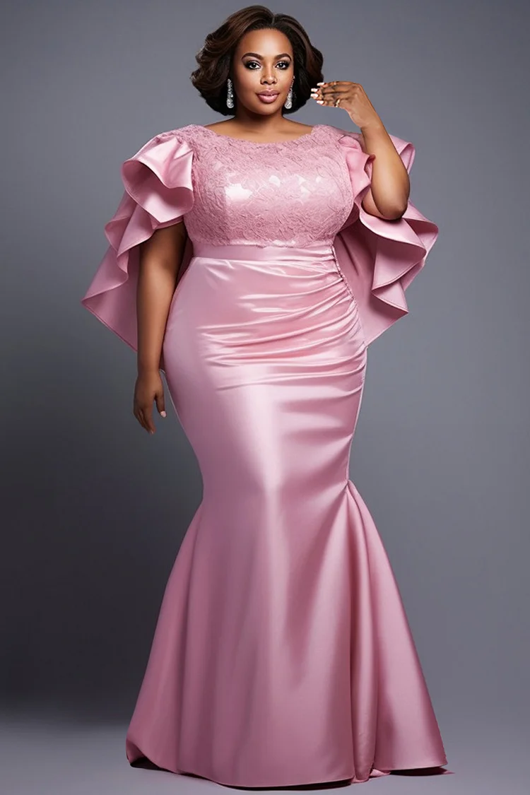 Xpluswear Design Plus Size Formal Pink Round Neck Petal Sleeve Mermaid Elegant Ruffle Lace Satin Maxi Dresses [Pre-Order] 2024 - Xpluswear