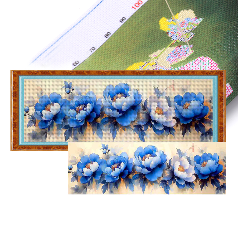 Blue peony Full 9CT Pre-stamped Canvas(180*58cm) Cross Stitch