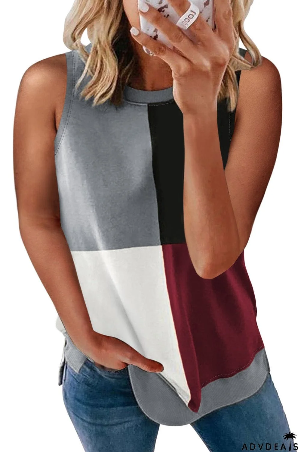 Wine Red Crew Neck Color Block Tank