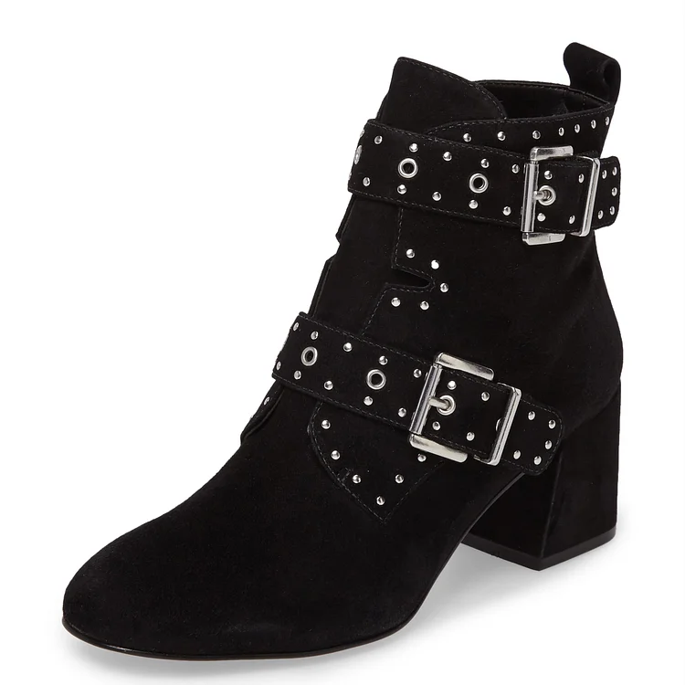 Black Motorcycle Studs Ankle Boots with Buckles Vdcoo