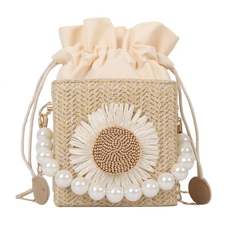 Women Square Crossbody Bag Fashion Straw Pearl Hobo Bag with Sun Flower Ornament-Annaletters
