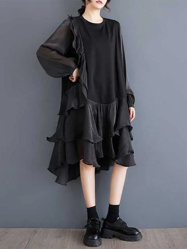 Chic Black Round-Neck Patchwork Contrast Color Ruffle Trim High-Low Long Sleeve Dress