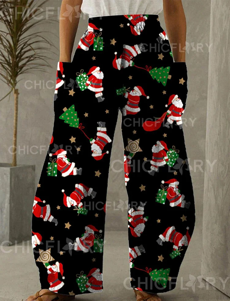 Christmas Santa And Tree Print Casual Pants