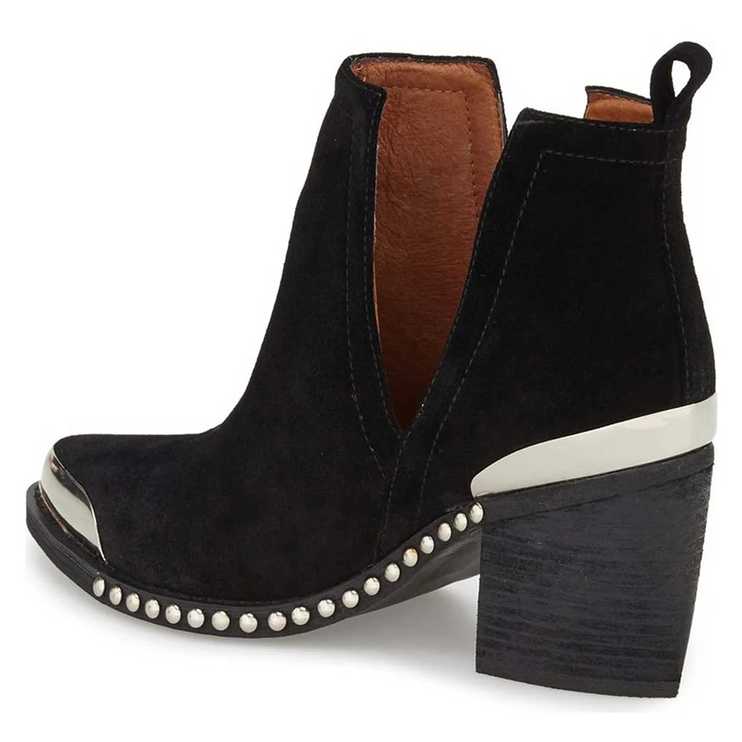 Black Faux Suede Metallic Toe Studded Block Heel Ankle Boots   