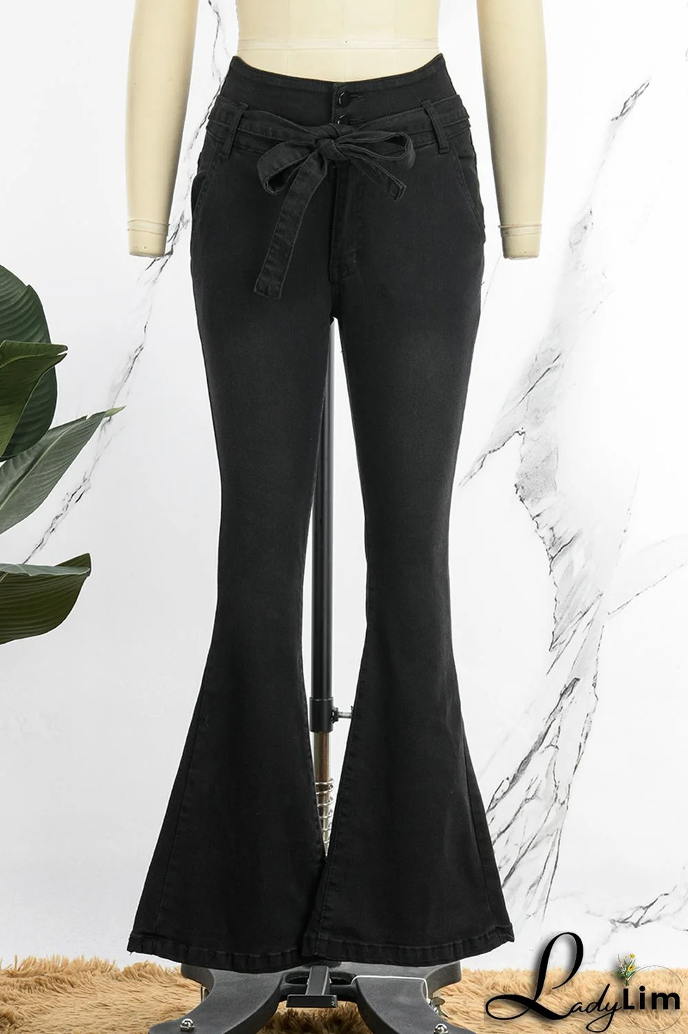 Black Casual Solid Bandage Patchwork High Waist Denim Jeans