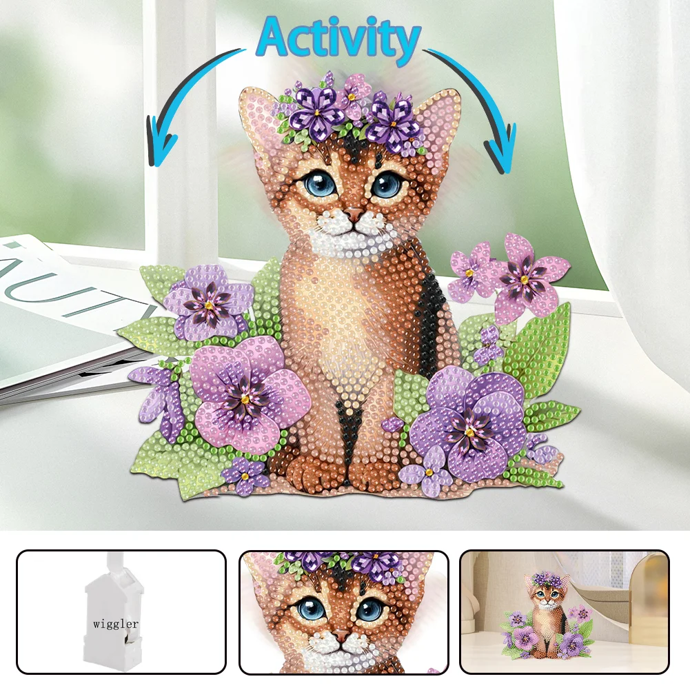 2D Flat Cat DIY Shaking Head Cat Purple Flower Diamond Painting Desktop Decor