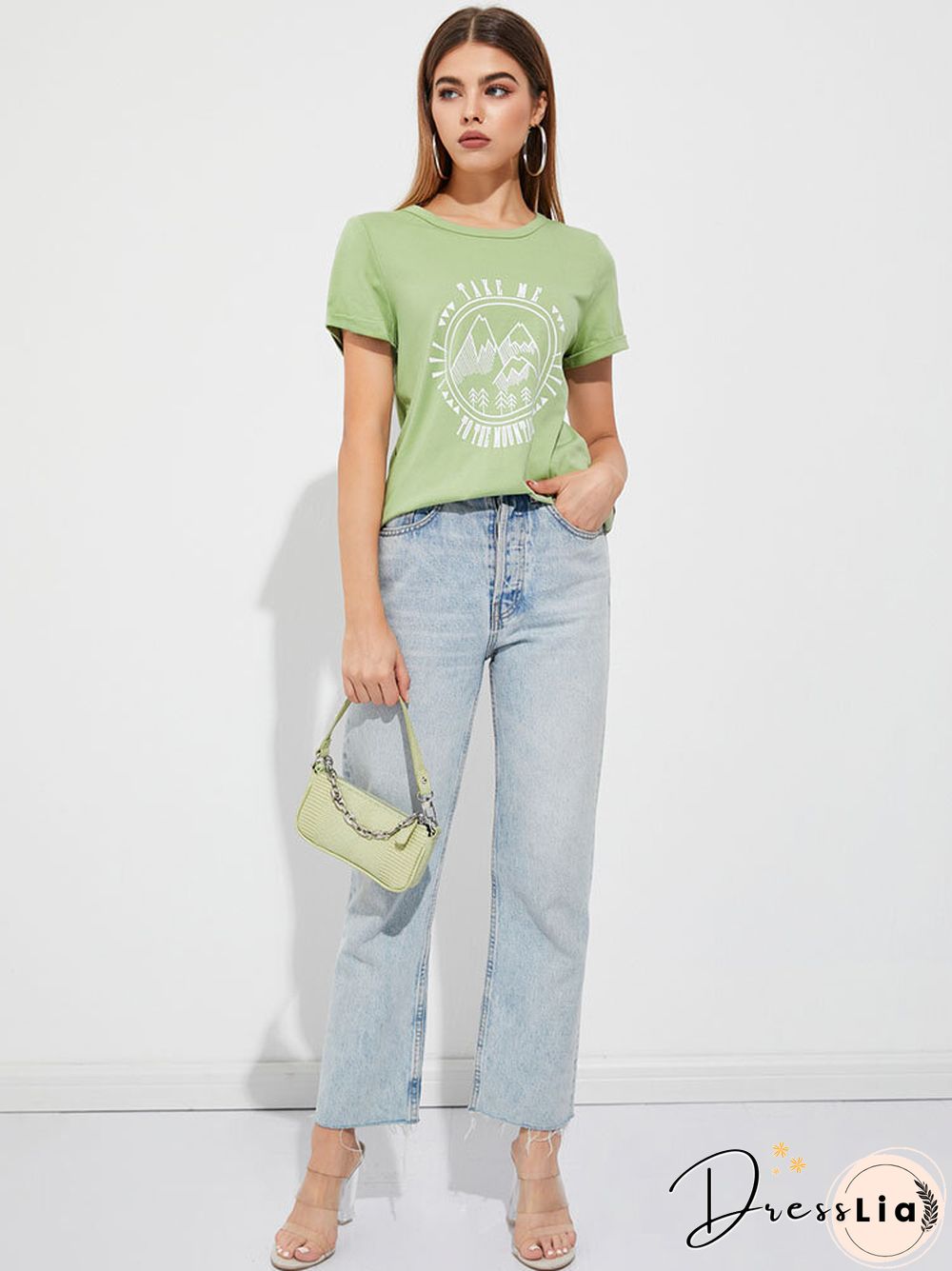 Stick Figure Landscape Print Crew Neck Short Sleeve T-shirt