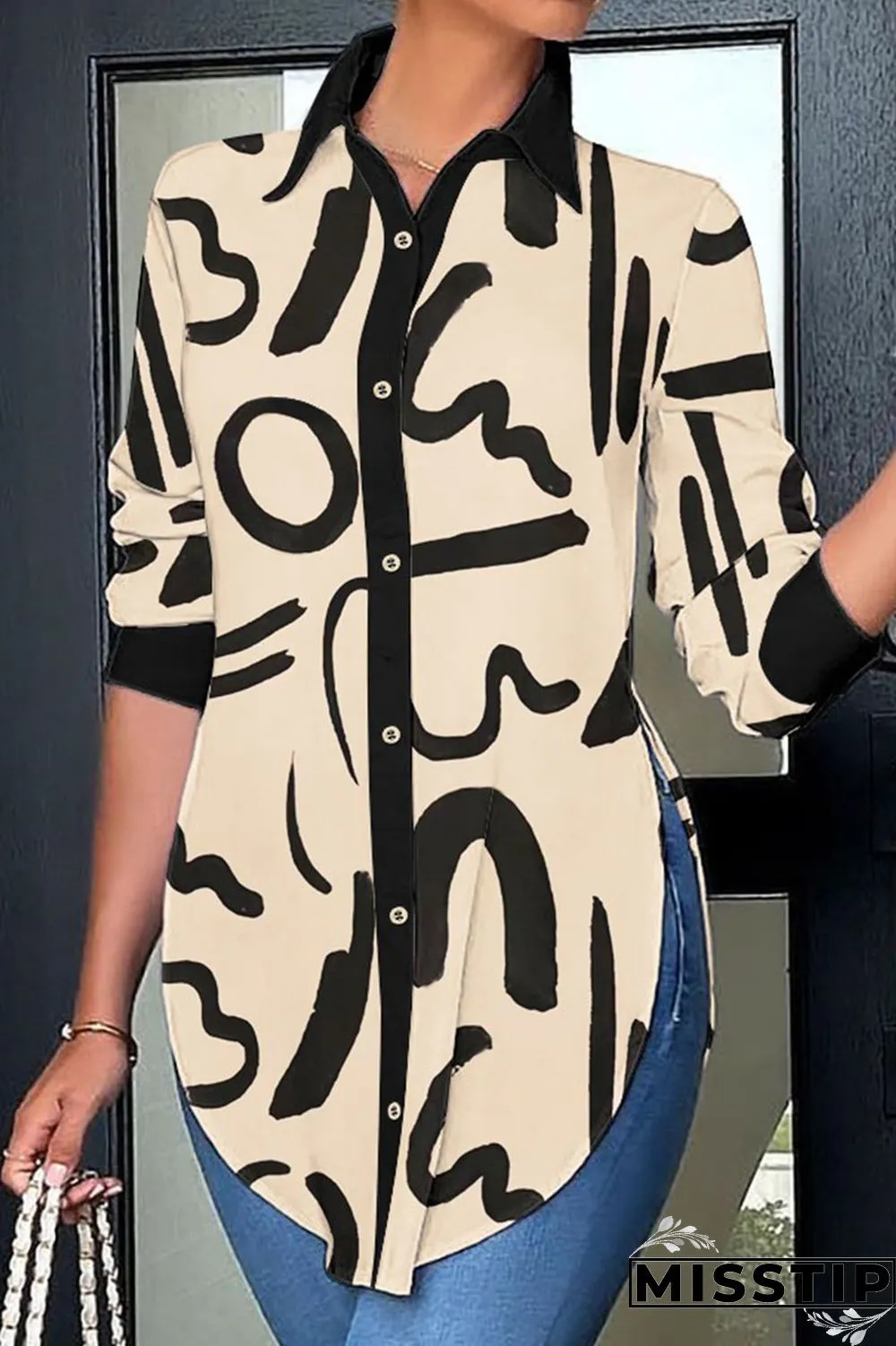 Letter Print Casual Print Patchwork Buckle Turndown Collar Tops