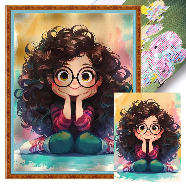 Cute Girl With Glasses (40*53cm) 11CT Stamped Cross Stitch gbfke