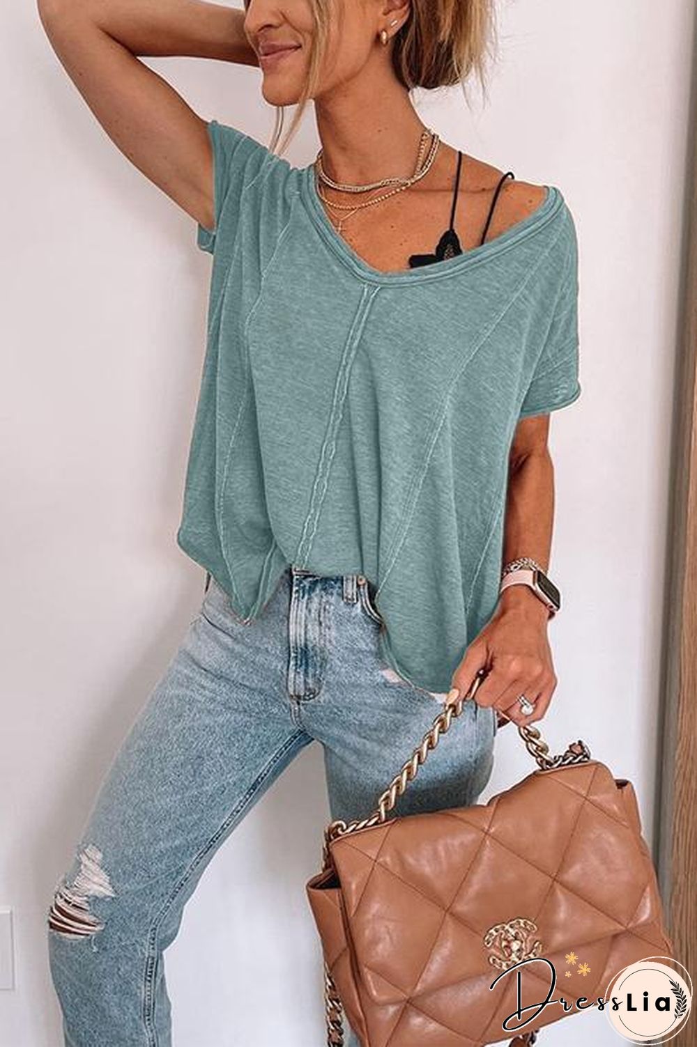 Jada V Neck Short Sleeve Solid T Shirt
