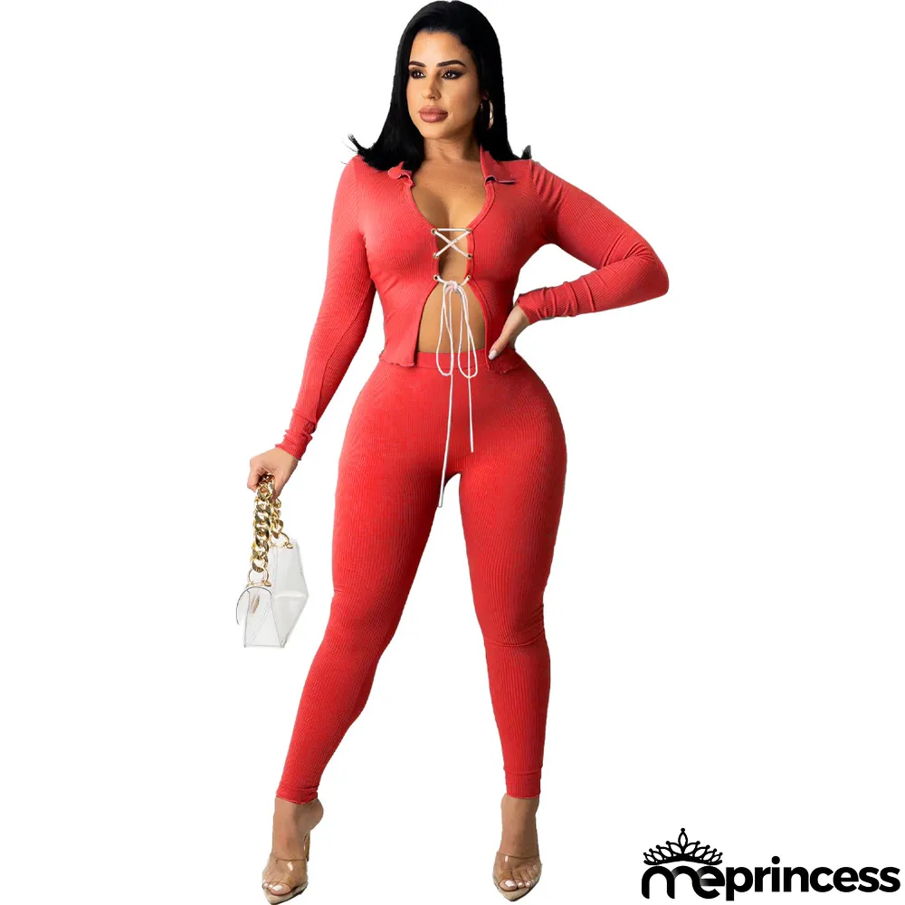 Solid Long Sleeve Lace-Up Two Piece Pants Set