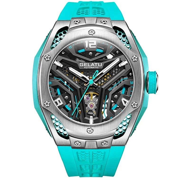 Gelatu Automatic Watch 53mm Big Dial Wristwatch Skeleton Tourbillon Design Waterproof