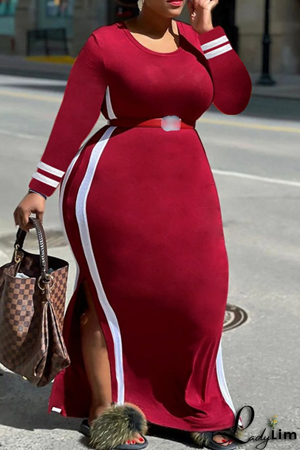 Orange Fashion Casual Striped Patchwork Slit O Neck Long Sleeve Plus Size Dresses (Without Belt)